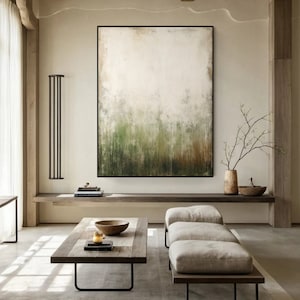 Green Texture Canvas Art: Large Abstract Wabi-Sabi Painting