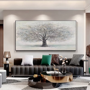 Pintura al óleo original del árbol de la vida sobre lienzo, gran árbol de la vida abstracto con textura, arte de pared, gran árbol floreciente, pintura para sala de estar, decoración del hogar