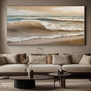 3D Ocean Waves Painting: Beige White Textured Impasto Canvas Art