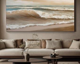 Dipinto di onde oceaniche 3D: tela impasto beige e bianca testurizzata