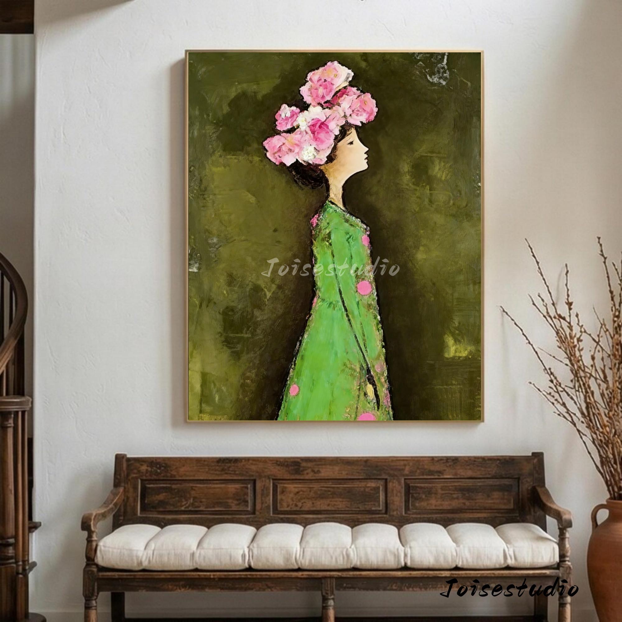 Organic Wabi Sabi Abstract Female Figure Green Textured Oil Painting ...