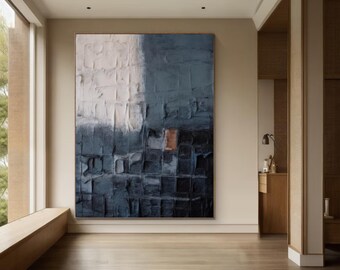 Large Blue Abstract Painting: Minimalist Texture Wall Art
