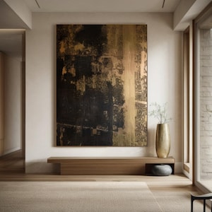 Brown Black Abstract Oil Painting: Minimalist Canvas Wall Art