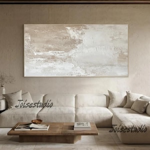 Art mural texturé 3D beige, peinture minimaliste bohème dans les tons de terre, art abstrait neutre wabi sabi, grande peinture 3D en plâtre sur toile