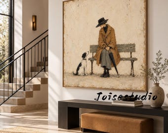 Japandi Living Room Wall Art, Lady Sitting on Bench With Her Faithful Dog, Neutral Textured Square Artwork