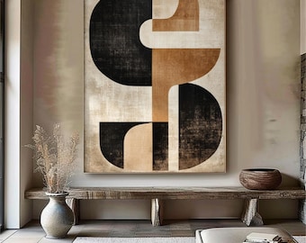 May include: A rectangular wall art piece featuring a large-scale abstract composition of geometric shapes in black, tan, and cream. The design includes intersecting circles and semi-circles with a textured, layered appearance on a canvas.