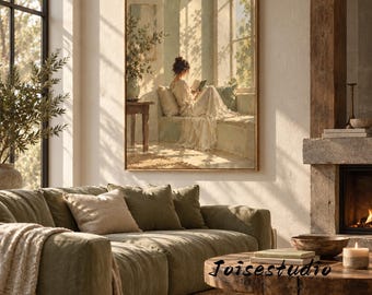 Sage & Cream Neutral Tone Wall Art, Woman Reading Beside Window, Slow Living Wabi Sabi Home Decor