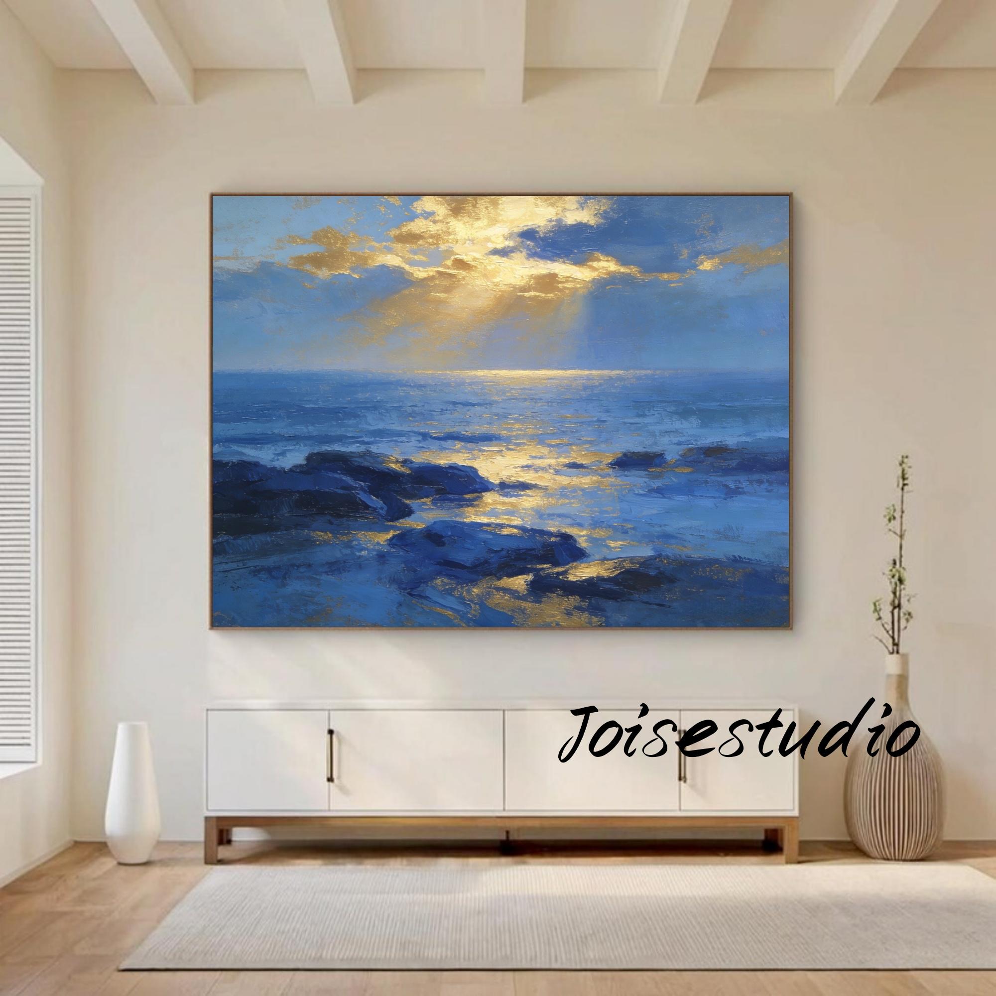 Abstract Hand Painted Artwork 30x60” Blue Ocean Waves And Stars