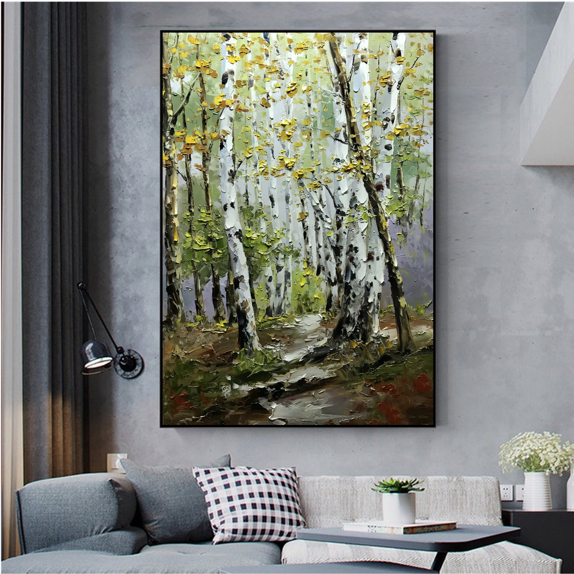 オリジナルの白樺の木の油絵：緑の森の風景画 - Etsy 日本