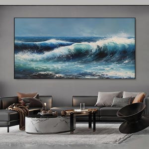 Original Ocean Wave Oil Painting On Canvas Abstract Minimalist Painting Ocean Textured Art Custom Blue Sea Wall Art Living Room Decor Gift
