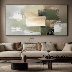 Large Olive Green Abstract Canvas Painting: Minimalist Wabi-Sabi Art