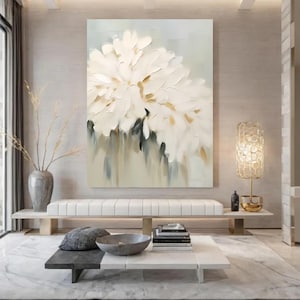 Textured Floral Painting on Canvas: Beige Abstract Flower Wall Art