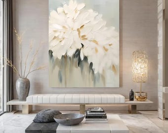 Textured Floral Painting on Canvas: Beige Abstract Flower Wall Art