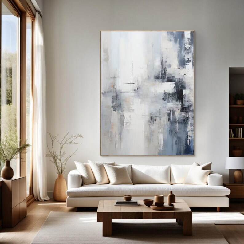 Large Minimalist Blue Wall Art Original Gray Painting Abstract Modern
