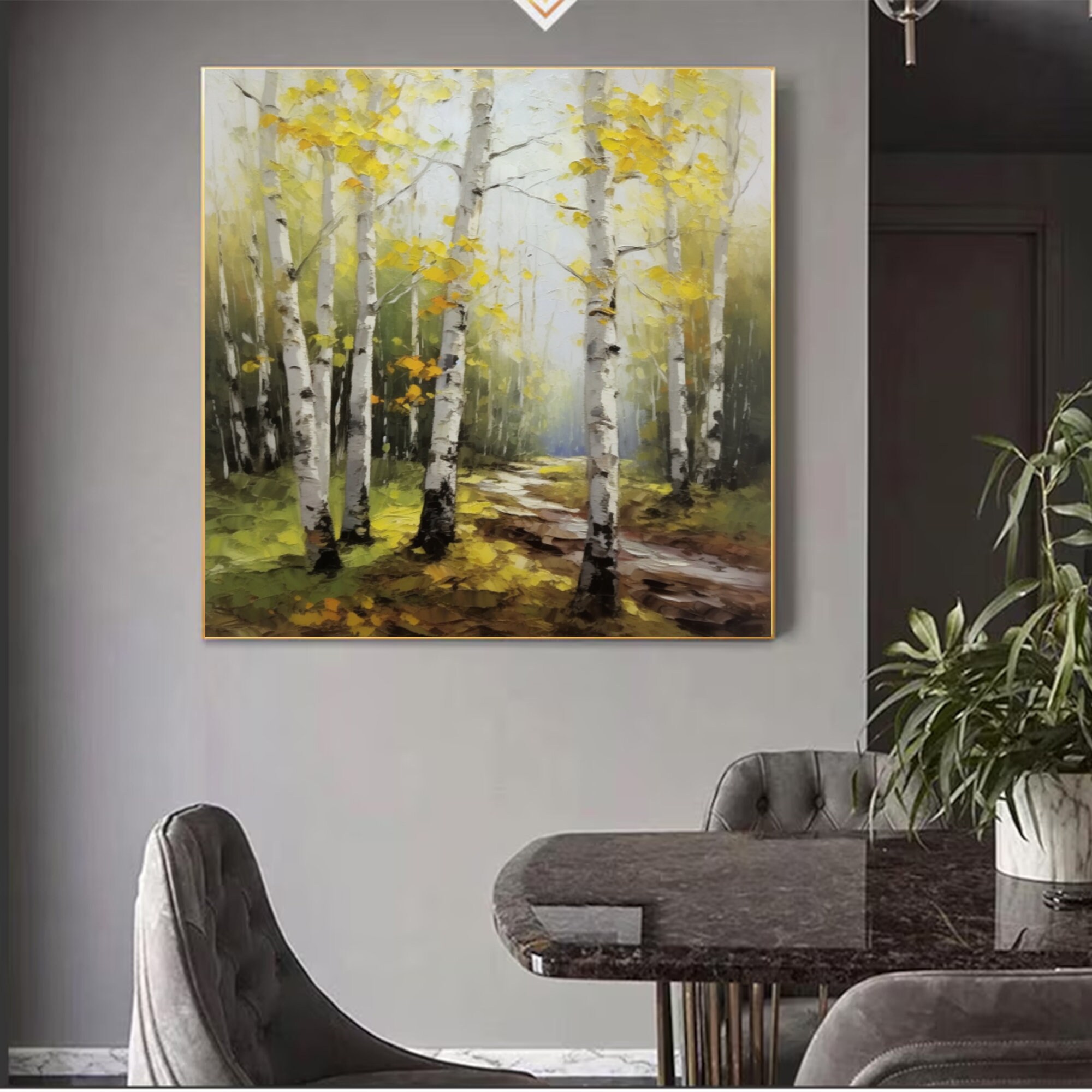 白樺の森の絵画：大きな抽象アクリル風景画 - Etsy 日本