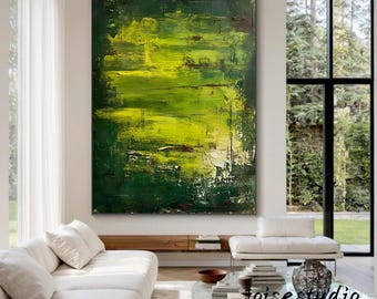 Arte abstracto con textura verde: pintura minimalista sobre lienzo hecha a mano