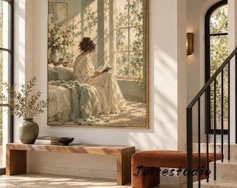 Hand-Painted Woman Reading by Window, Sage Green Wabi Sabi Wall Art