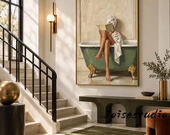 Woman With Book in Bathtub Wall Art, Vintage Clawfoot Tub Painting, Elegant Figurative Decor