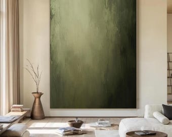 Großes grünes abstraktes Bild, minimalistische Wabi-Sabi Wandkunst