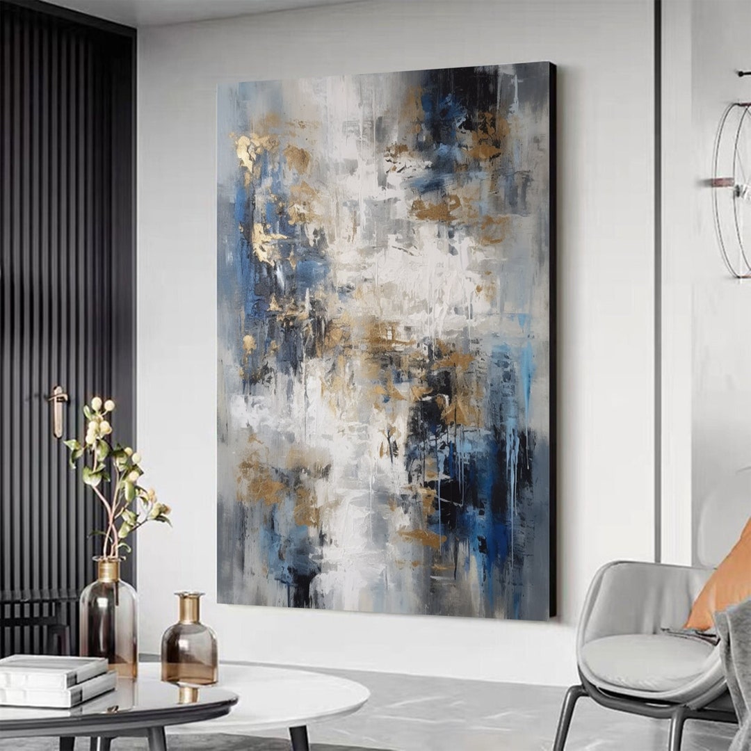 Large Original Grey Blue Gold Abstract Painting Large Gray &gold