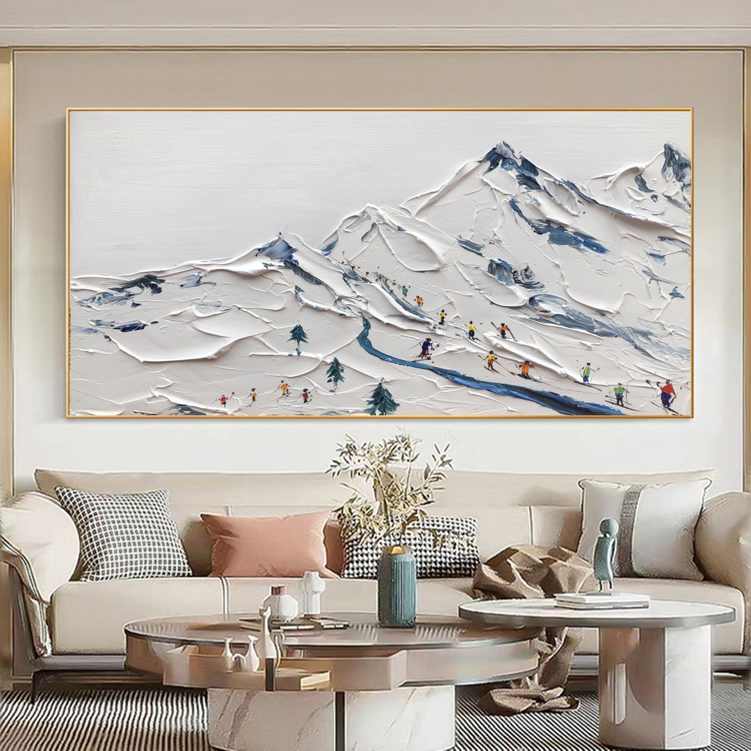 Textured Ski Painting: Snowy Mountain Canvas Art, Winter Landscape
