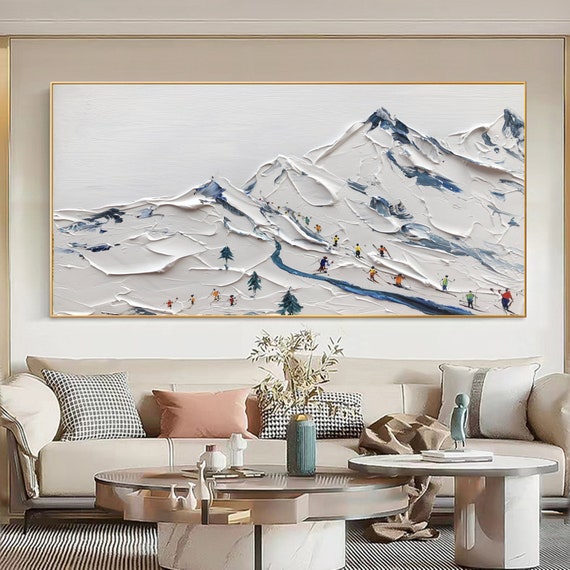 Textured Ski Painting: Snowy Mountain Canvas Art, Winter Landscape