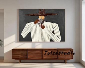 Large Earth Tone Cowboy   Oil Painting, Minimalist Vintage Equestrian Textured Wall Decor