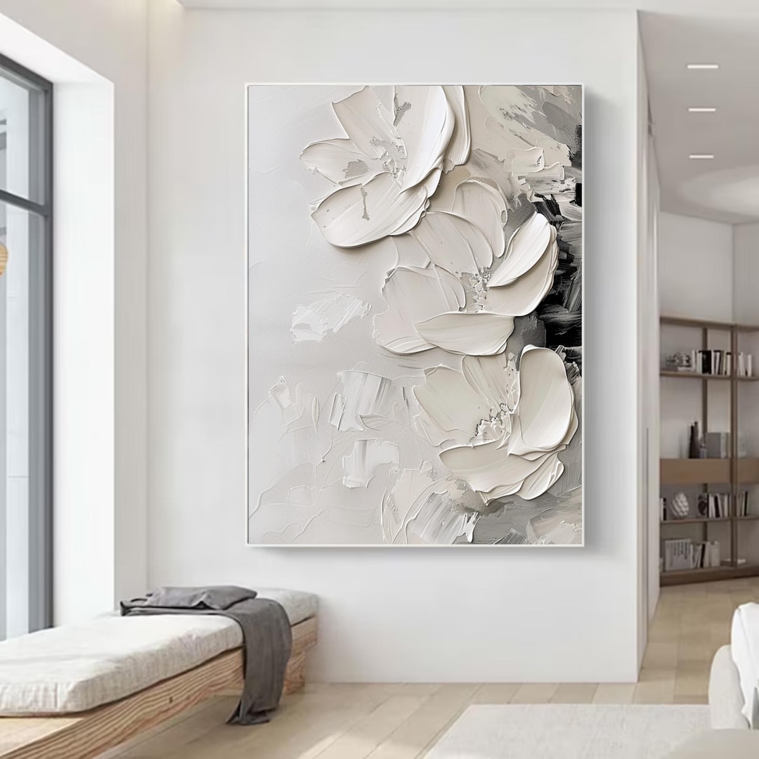 Original White Floral Oil Painting on Canvas: Abstract Living Room Wall ...