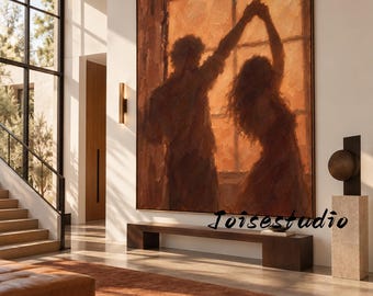 Impasto Palette‑Knife Oil Painting of Dancing Couple by Window, Warm Terracotta Figurative Wall Art, Textured Lovers Dance Canvas
