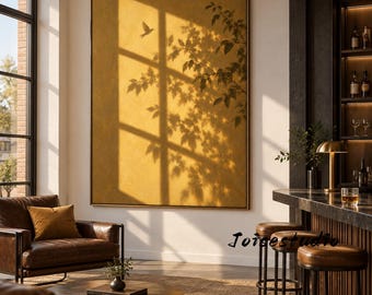 Golden Window Shadow Oil Painting, Textured Impasto Leaf Bird Art (Stretched Canvas)