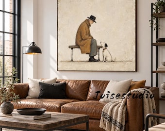 Vintage Man and His Dog Art Printing, Japandi Wall Decor, Beige Textured Painting, Square Farmhouse Artwork