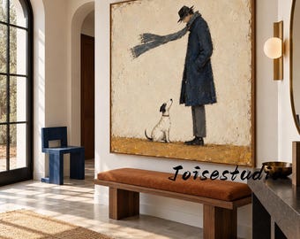 Japandi Living Room Wall Art, Man Standing with His Faithful Dog, Neutral Textured Square Artwork