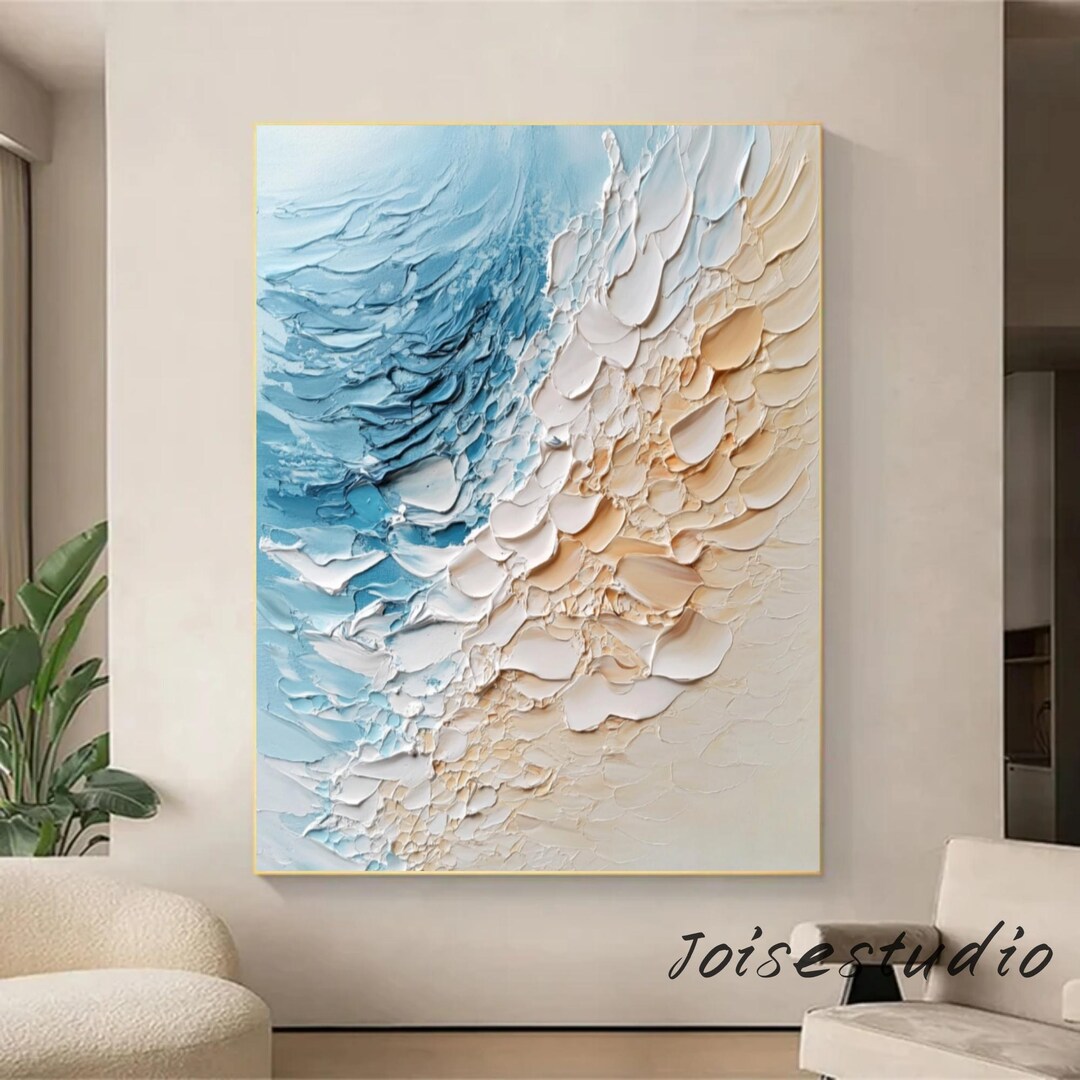 3D Beige Minimalist Beach Painting on Canvas, Textured Wall Art Ocean ...