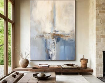 Large Blue Abstract Painting: Beige & Navy Modern Wall Art