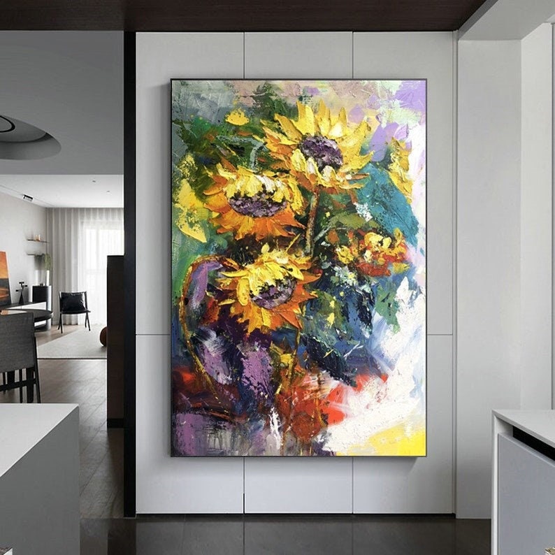 Large Abstract Original Sunflower Oil Painting, Sunflower Painting, Yellow Flowers ,Sunflowers Canvas Art, Heavy Texture Sunflowers Painting 