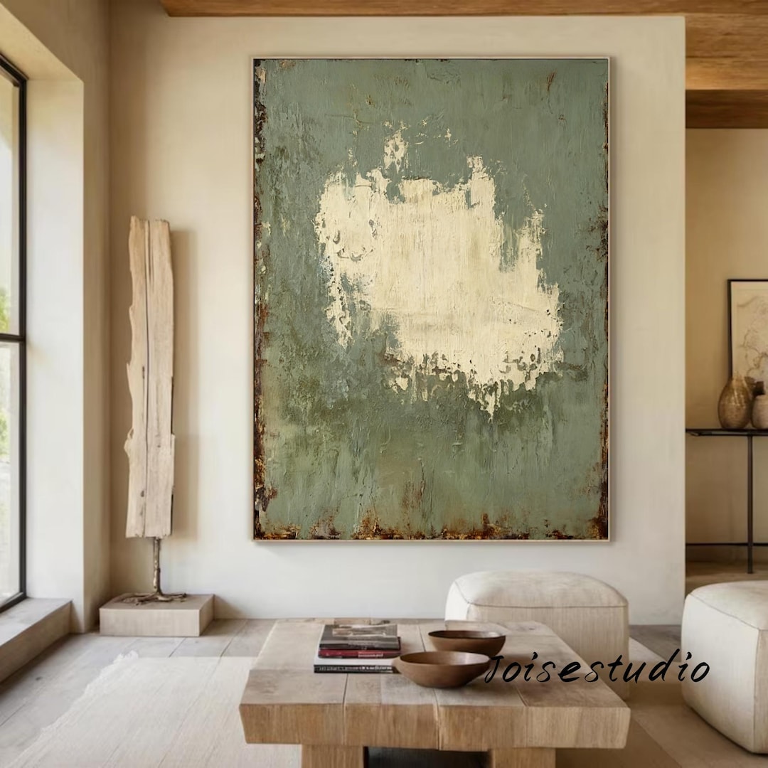Neutral Beige Abstract Minimalist Painting Large Green Textured Canvas ...