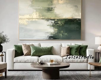 Gran pintura al óleo abstracta verde: arte mural minimalista wabi sabi