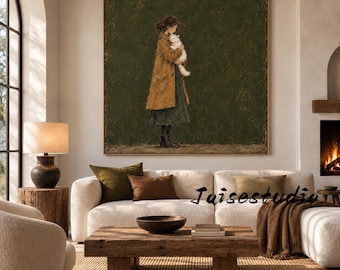 Thick Impasto Crackled Texture Art Poster, Vintage Woman Holding White Cat, Neutral Japandi Wall Decor