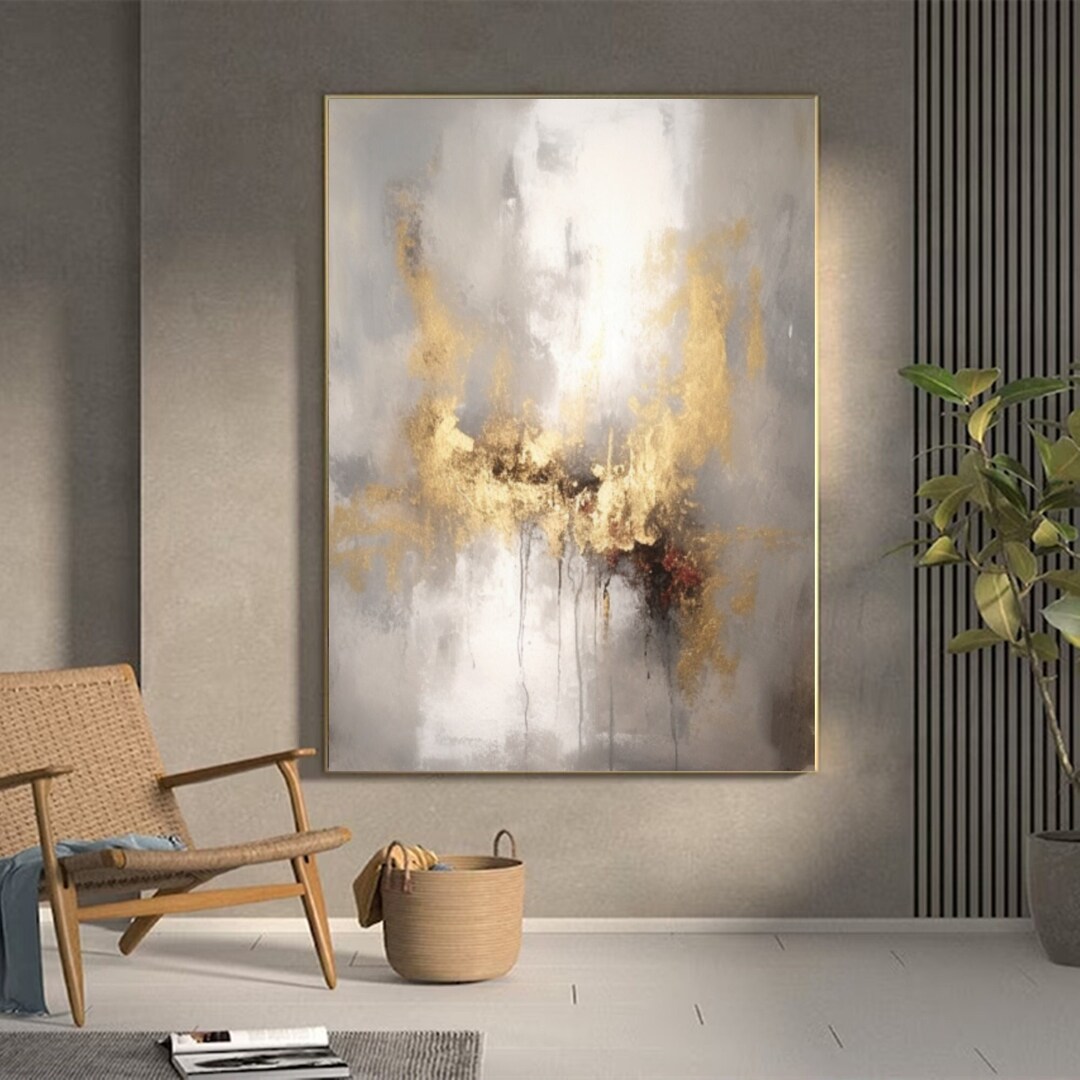 Large Gray and Gold Abstract Painting on Canvas Original Beige and Gray