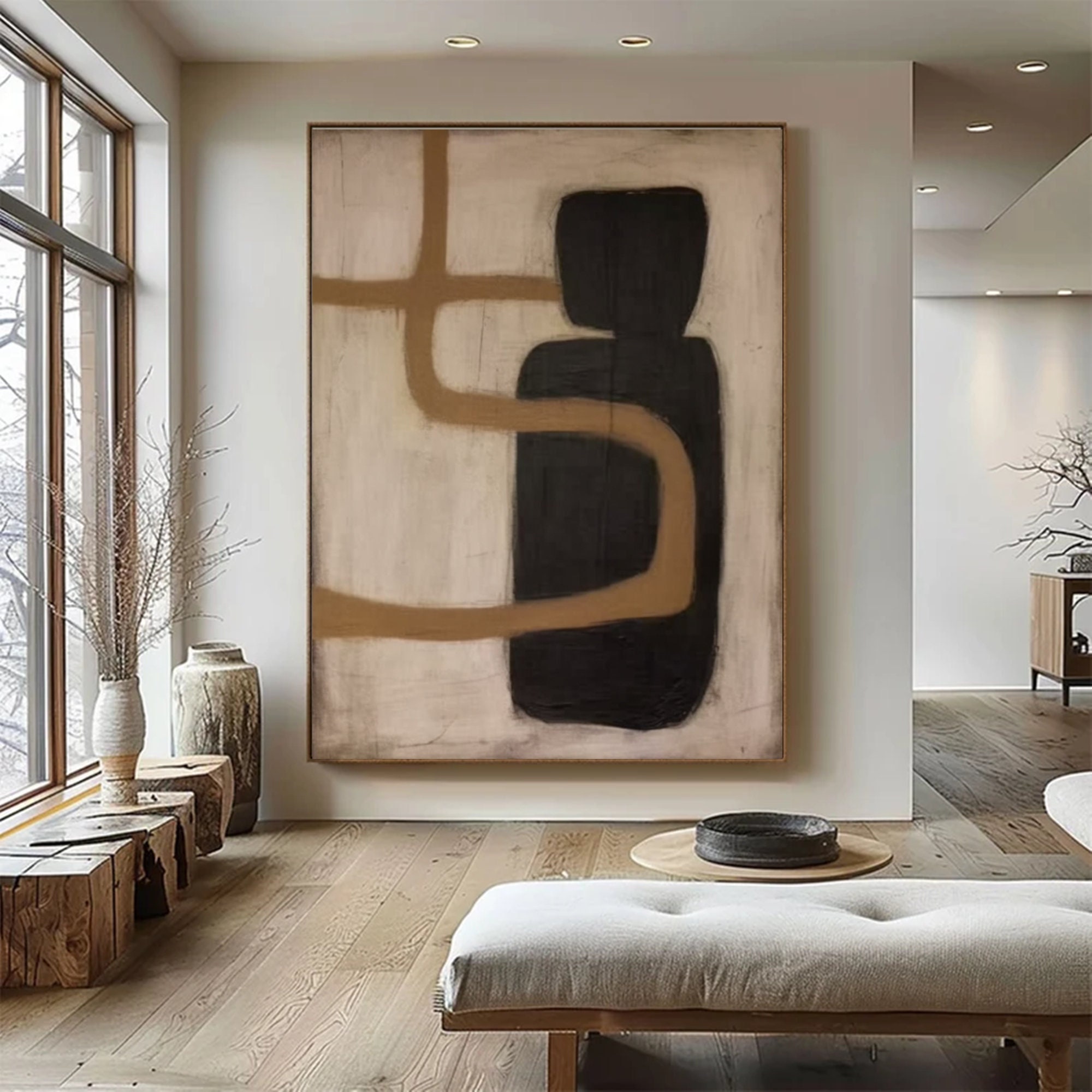 Beige 3D Textured Plaster Painting: Minimalist Wabi Sabi Wall Art