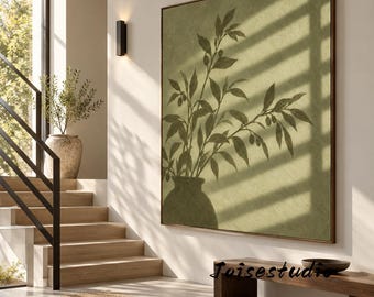 Sage Green Olive Twig Impasto Art, Minimalist Vertical Wall Art (Framed or Rolled)