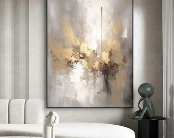 Large Gray Abstract Painting On Canvas Gray White Minimalist Painting Large Textured Wall Art Large Gray Beige Gold Abstract Painting