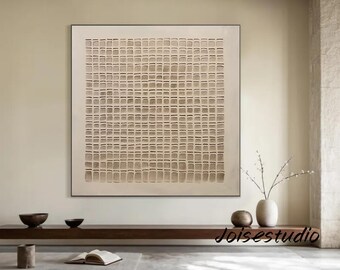 Large Beige Abstract Oil Painting: Textured Wabi Sabi Canvas Art