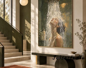Female Bathing Portrait Art, Bathroom Wall Decor, Sage Green Impasto Canvas, Textured Figurative Painting