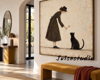 Rustic Vintage Woman & Black Cat Art, Thick Impasto Oil Style Print, Gift for Cat Owner, Wabi Sabi Home Decor