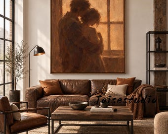 Thick Impasto Brushwork Romantic Hugging Couple Canvas Painting, Backlit Window Lovers Silhouette Oil Art