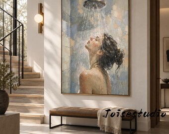 Woman in Shower Painting, Bathroom Wall Art,Textured Female Portrait, Hand Painted Modern Decor