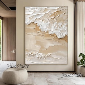 Large Beige Abstract Wave Painting: 3D Texture Plaster Wall Art
