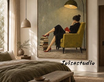 Cozy Reading Nook Canvas, Woman Reading Book Wall Art, Vintage Chair and Floor Lamp Decor, Relaxing Home Decoration Canvas