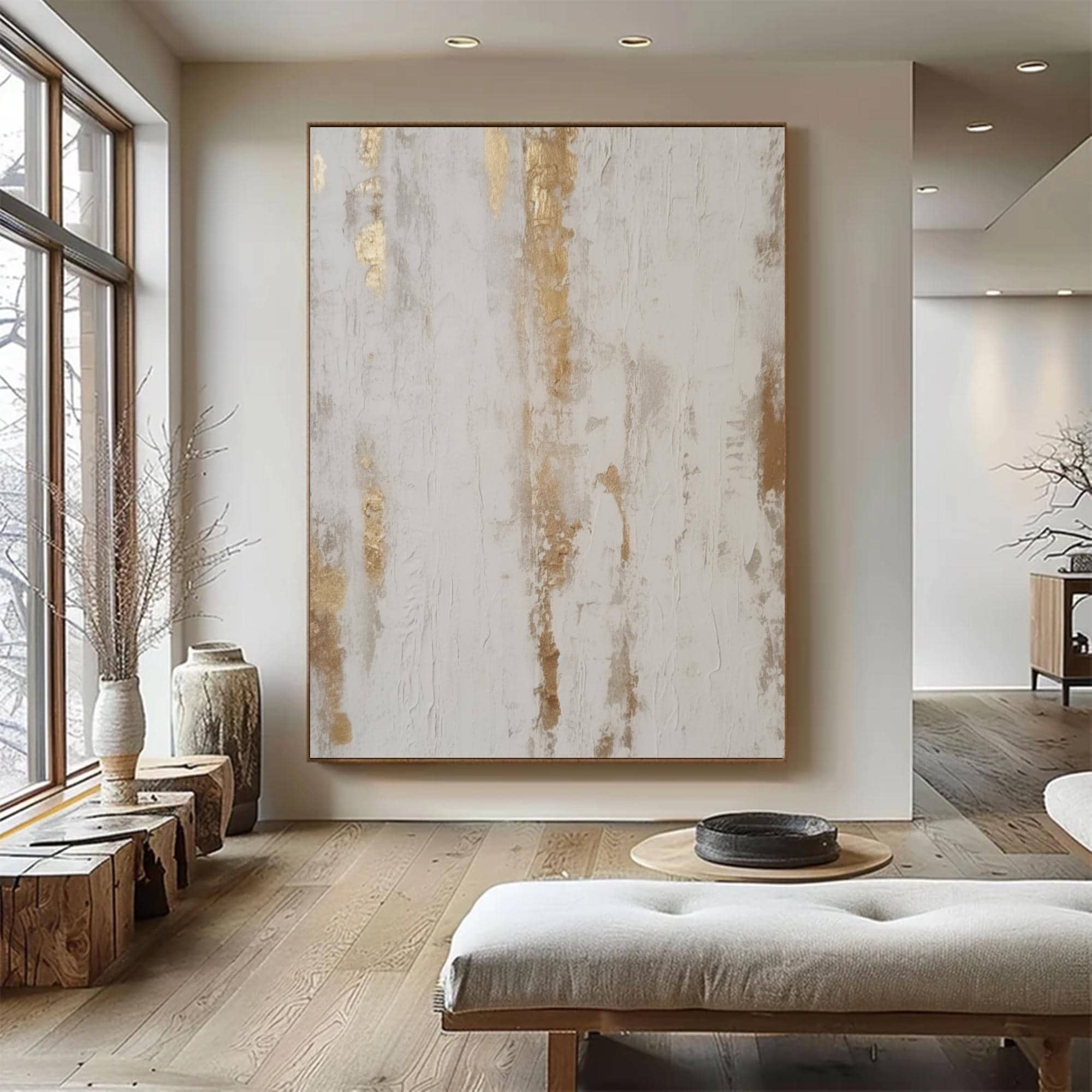 Beige Textured Canvas Art: Gold Abstract Painting, Neutral Plaster Art